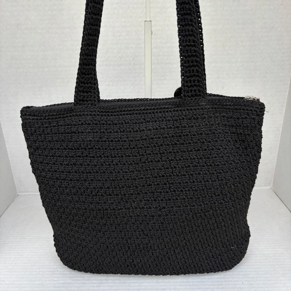 The Sak Black Crochet Tote Bag Zipper Shoulder Bag‎ Women Medium Handbag